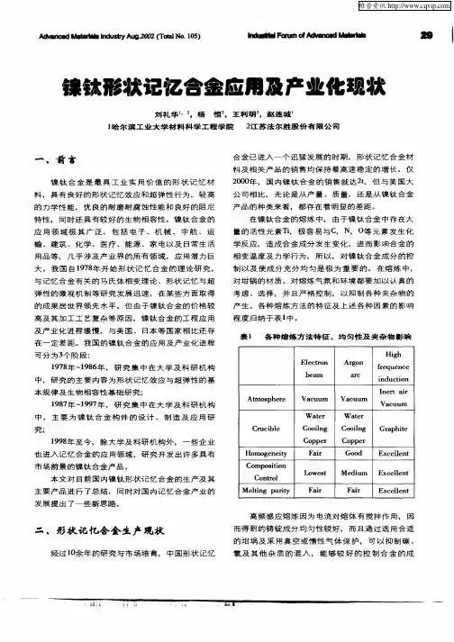 镍钛形状记忆合金应用及产业化现状