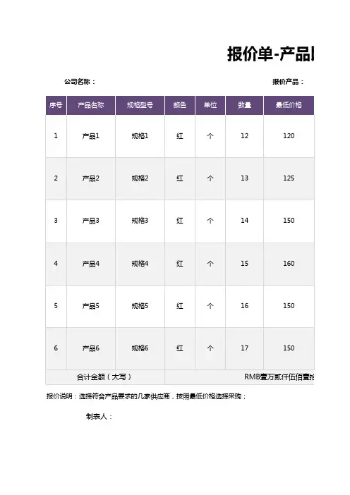报价单产品比价明细表