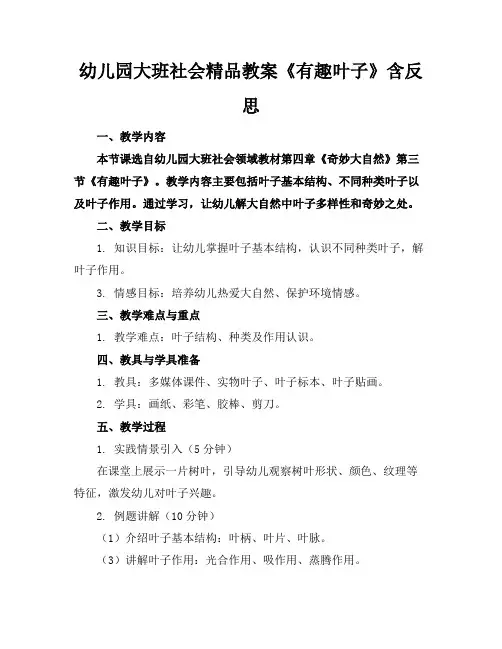 幼儿园大班社会精品教案《有趣的叶子》含反思