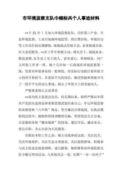 市环境监察支队巾帼标兵个人事迹材料