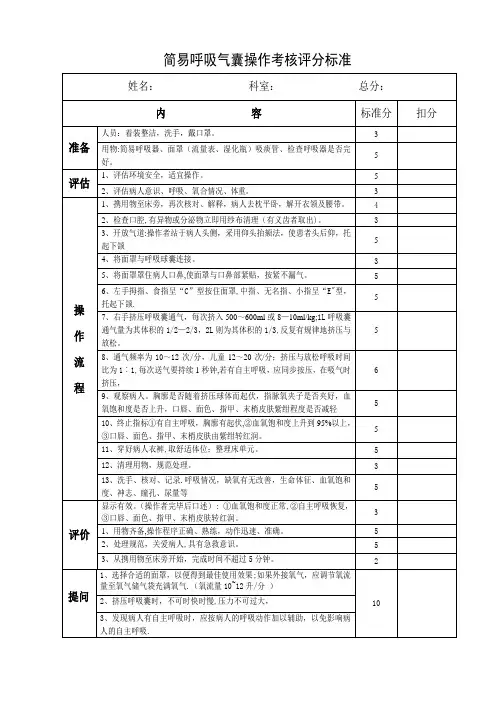 简易呼吸气囊操作考核评分标准