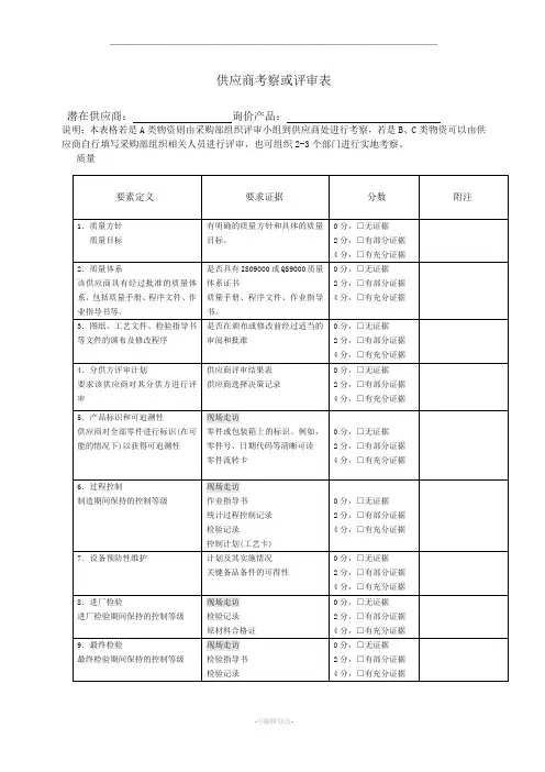 供应商考察或评审表