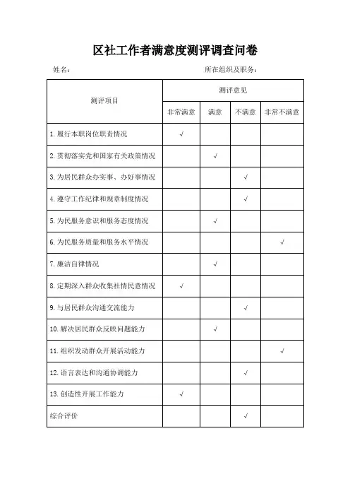 区社工作者满意度测评调查问卷