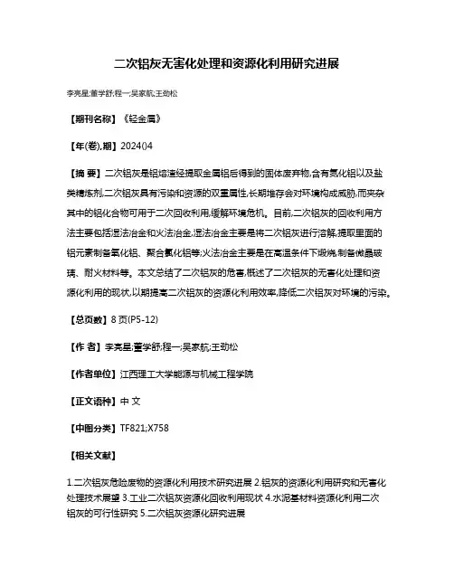 二次铝灰无害化处理和资源化利用研究进展