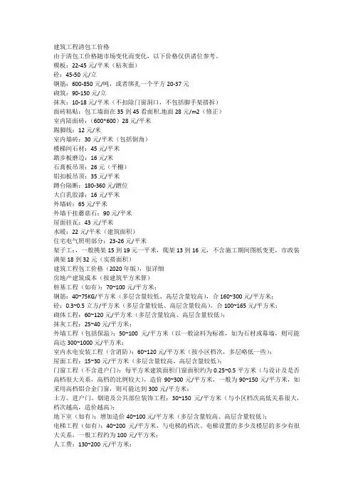 建筑工程清包工价格详表