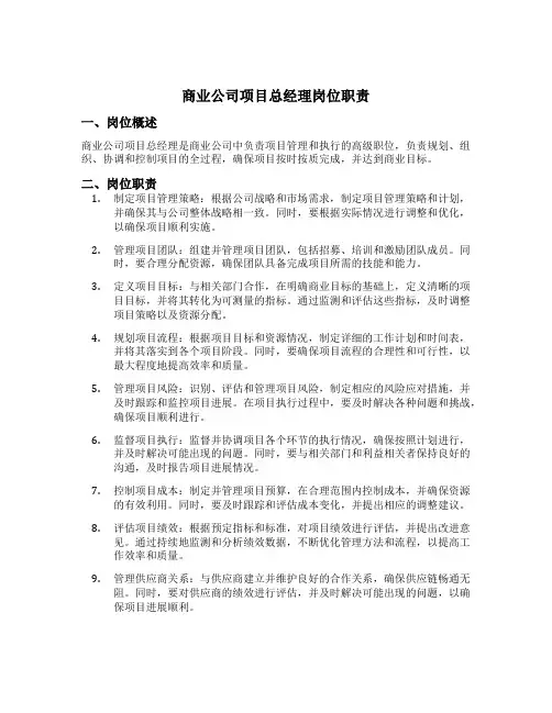 商业公司项目总经理岗位职责