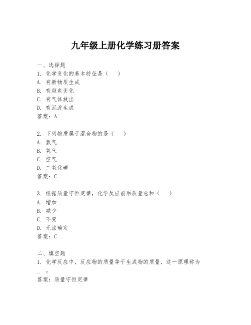 九年级上册化学练习册答案