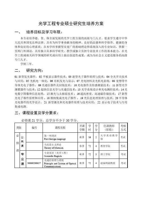 光学工程培养计划