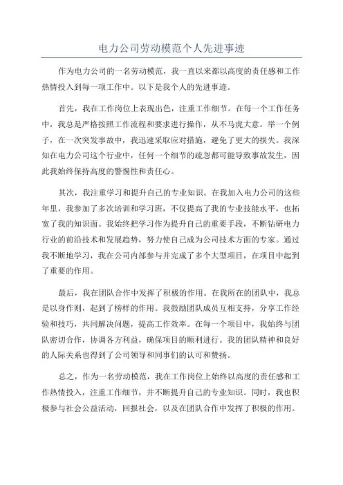 电力公司劳动模范个人先进事迹