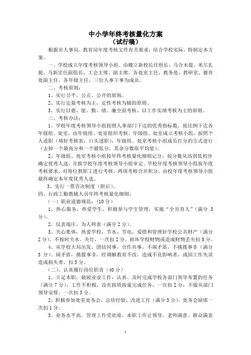 中小学年度量化考核细则