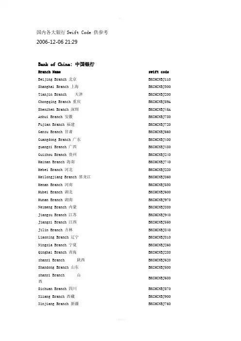 国内各大银行Swift-Code-供参考