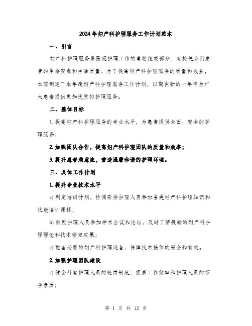 2024年妇产科护理服务工作计划范本(4篇)