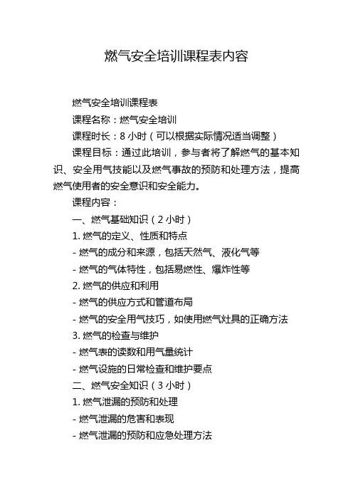 燃气安全培训课程表内容