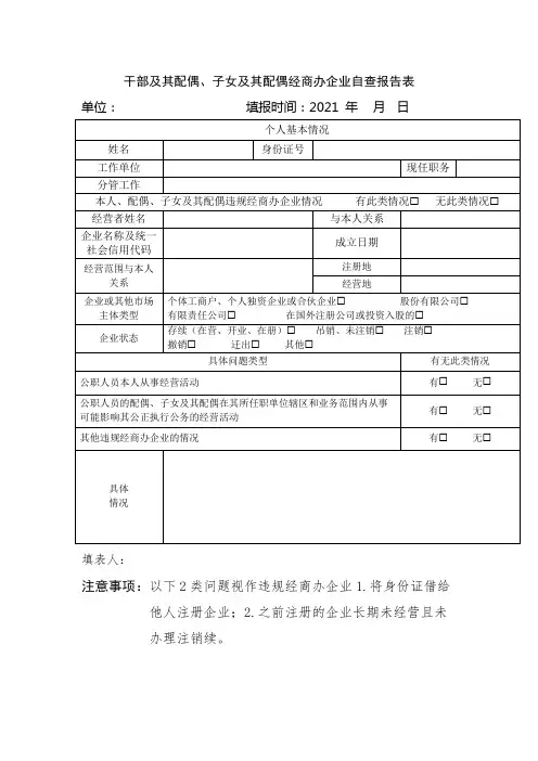 干部及其配偶、子女及其配偶经商办企业自查报告表