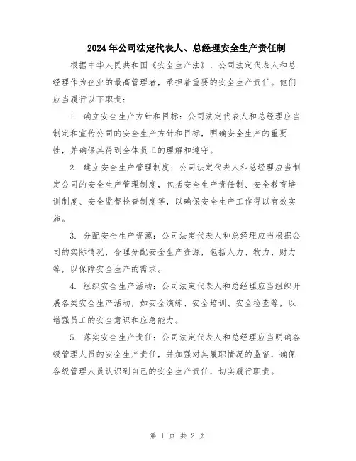 2024年公司法定代表人、总经理安全生产责任制