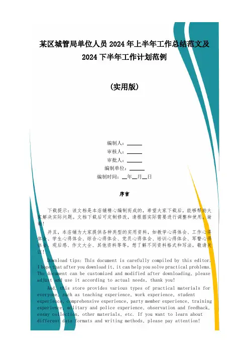 某区城管局单位人员2024年上半年工作总结范文及2024下半年工作计划范例