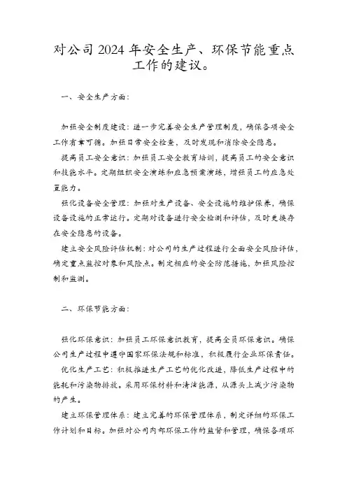 对公司2024年安全生产、环保节能重点工作的建议。
