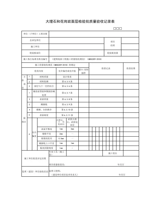 大理石和花岗岩面层检验批质量验收记录表