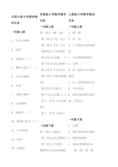 各个版本小学数学教材目录大纲