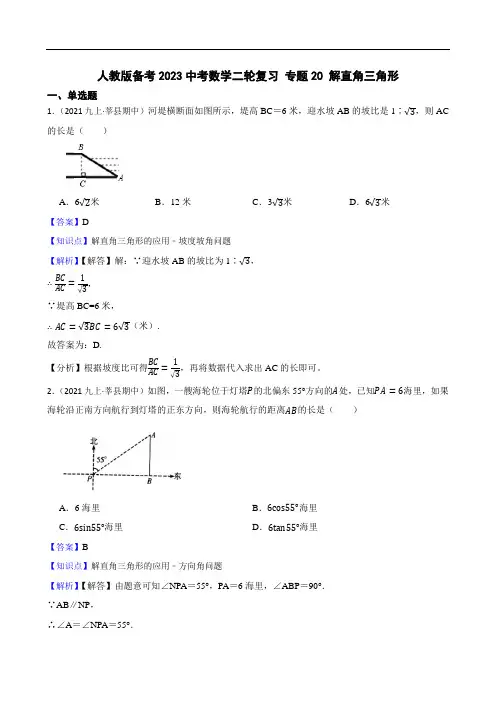 人教版备考2023中考数学二轮复习 专题20 解直角三角形(教师版)