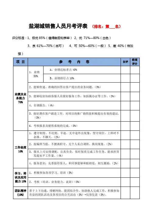 销售人员考核表附月总结
