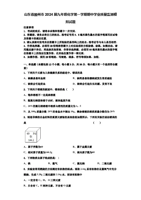山东省滕州市2024届九年级化学第一学期期中学业质量监测模拟试题含答案解析