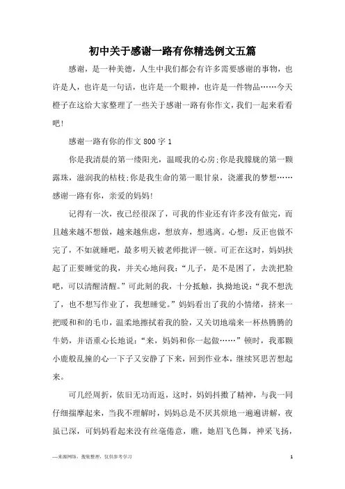 初中关于感谢一路有你精选例文五篇