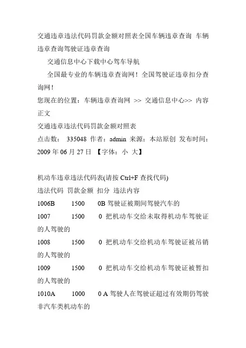 【2019年整理】交通违章违法代码罚款金额对照表全国车辆违章查询车辆违章查询驾驶证违章查询
