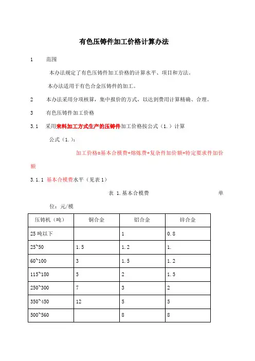 压铸件加工价格计算办法
