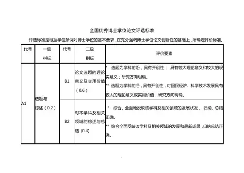 全国优秀博士论文评定标准