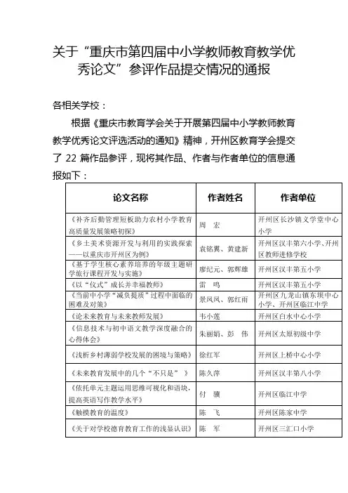 关于重庆市第四届中小学教师教育教学优秀论文参评作品
