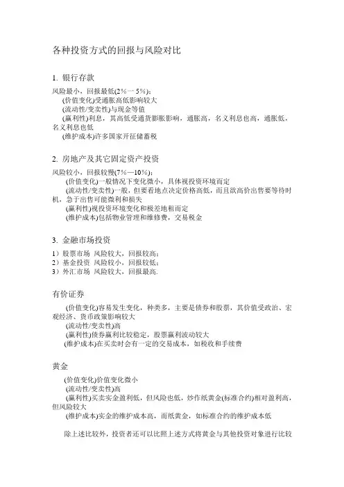 各种投资方式的比较