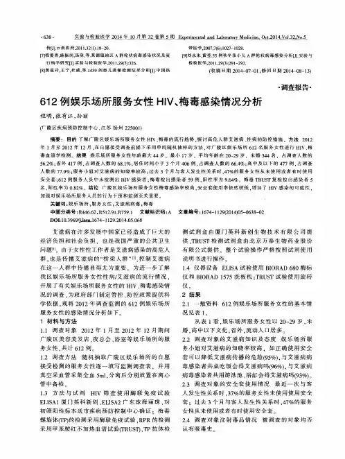 612例娱乐场所服务女性HIV、梅毒感染情况分析
