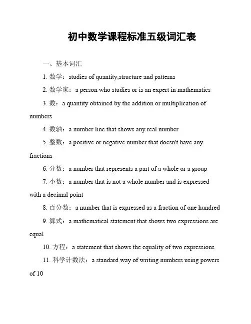 初中数学课程标准五级词汇表
