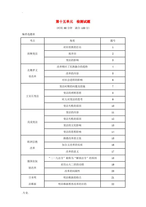 高考历史一轮总复习 第十五单元 历史上重大改革回眸检测试题(含解析)新人教版高三全册历史试题