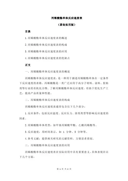 丙烯酸酯单体反应速度表