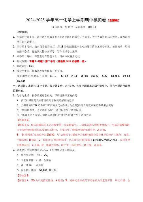 2024-2025学年高一上学期期中模拟考试化学试题(苏教版2019)含解析