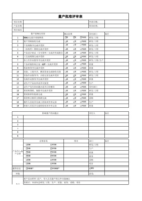 量产批准评审表