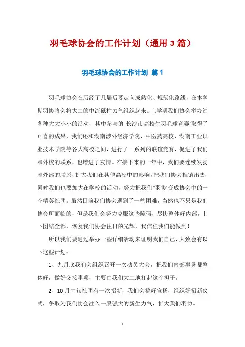 羽毛球协会的工作计划(通用3篇)