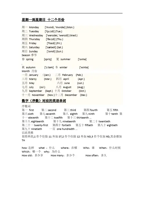 星期一到星期日、月份及数字的英语单词