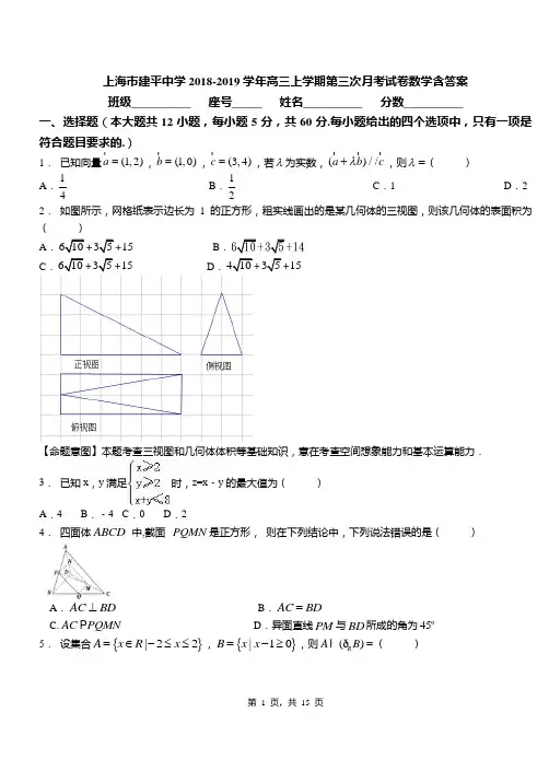 上海市建平中学2018-2019学年高三上学期第三次月考试卷数学含答案