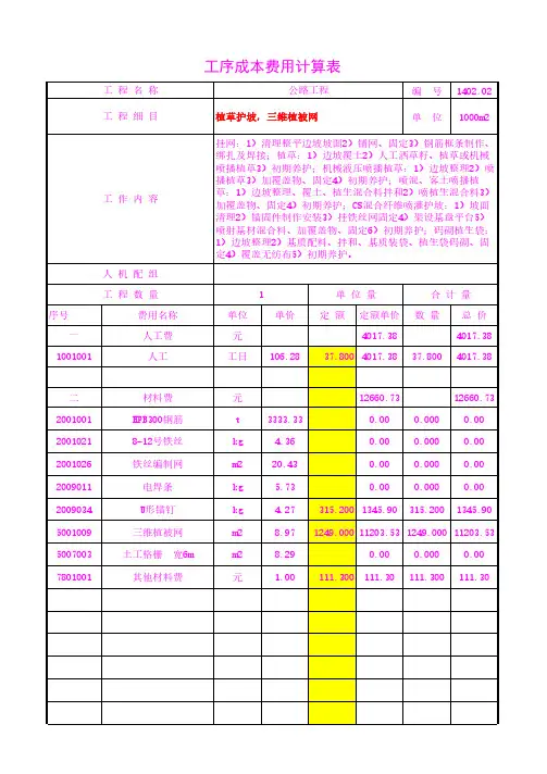 植草护坡,三维植被网20年3月工序成本计算表