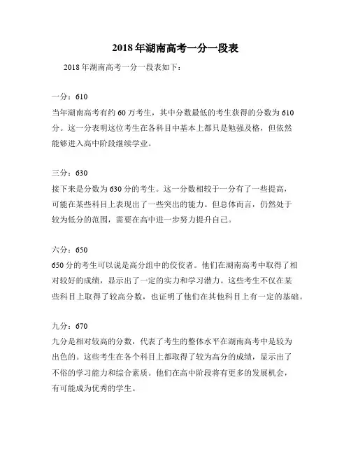 2018年湖南高考一分一段表