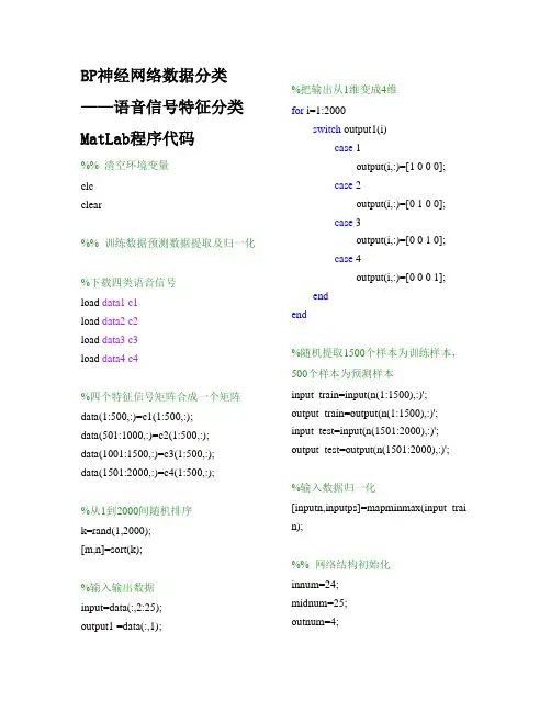 BP神经网络数据分类matlab程序代码
