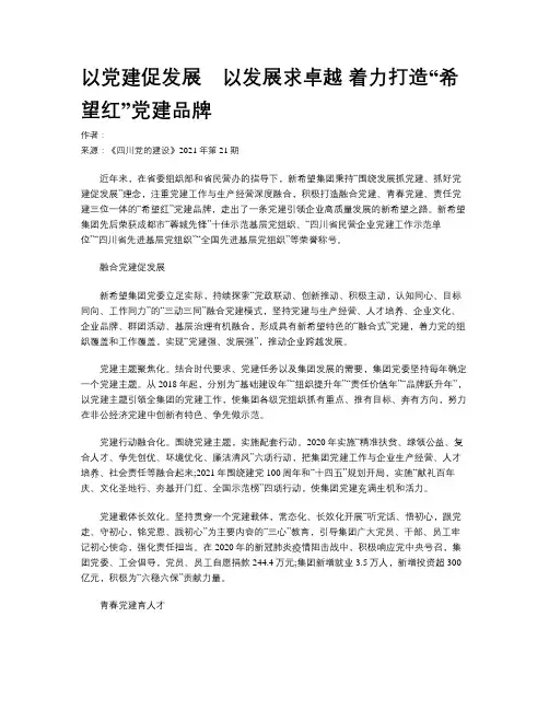 以党建促发展　以发展求卓越   着力打造“希望红”党建品牌