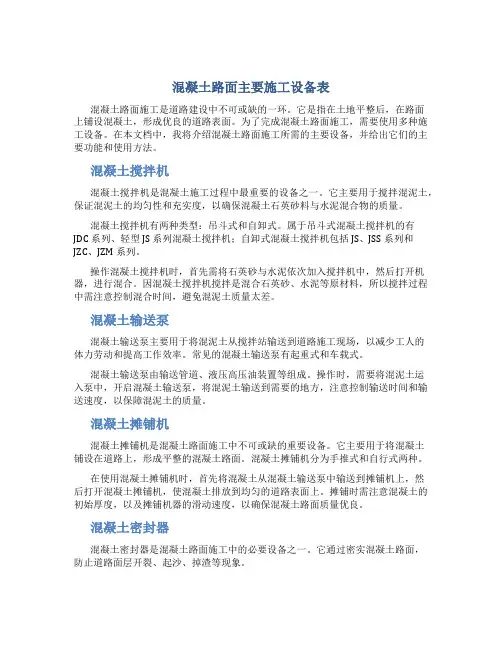 混凝土路面主要施工设备表