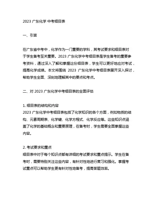 2023 广东化学 中考细目表