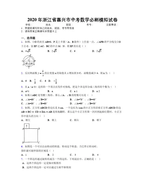 2020年浙江省嘉兴市中考数学必刷模拟试卷附解析