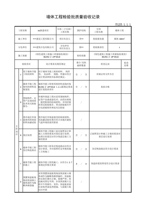 苏LS3.1.1.1 墙体工程检验批质量验收记录