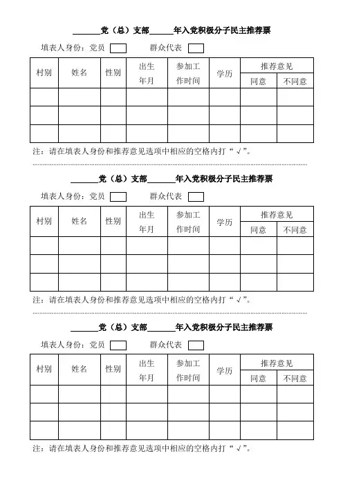 XXX党支部XXX年入党积极分子民主推荐票